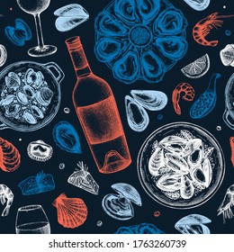 Seafood and wine illustrations seamless pattern. Hand drawn shellfish - mussels, oyster, shrimps, caviar, fish sketches. Perfect for recipe, menu, delivery, packaging. Mediterranean cuisine background