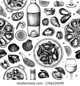 Seafood and wine illustrations seamless pattern. Hand drawn shellfish - mussels, oyster, shrimps, caviar, fish sketches. Perfect for recipe, menu, delivery, packaging. Mediterranean cuisine background