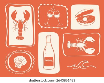 Marisco e vinho vetor definir lagosta, ostra, vinho, copos, concha e ondas na coleção de coral vermelho desenhado à mão clipart costeiro.