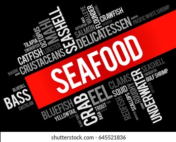 Seafood word cloud collage, food concept background