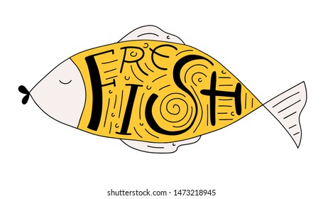 Seafood Word for printing and labels. Vector hand draw illustration on white background. lettering. fish under water for print, web, mobile and infographics.