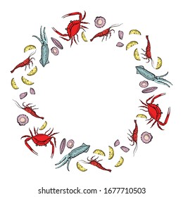La corona de marisco. Ilustración vectorial dibujada a mano. Se puede utilizar para diseñar menús, embalajes, recetas, etiquetas, mercado de pescado. El concepto de comida ecológica, nutrición saludable. Vector, ilustración aislada.