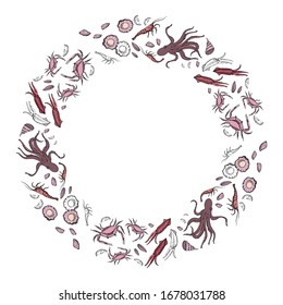 Seafood wreath. Hand drawn vector illustration. It can be used to design menus, packaging, recipes, labels, fish market. The concept of eco food, healthy nutrition. Vector, isolated illustration.