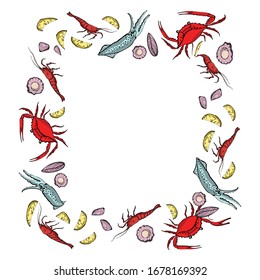 Seafood wreath. Hand drawn vector illustration. It can be used to design menus, packaging, recipes, labels, fish market. The concept of eco food, healthy nutrition. Vector, isolated illustration.