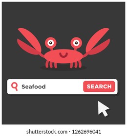 Seafood written on a browser search bar with Cute Crab Illustration