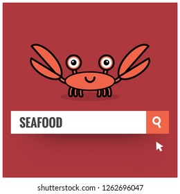 Seafood written on a browser search bar with Cute Crab Illustration
