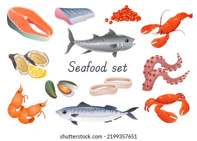 Seafoods 3d Realistic Set. Bundle Of Salmon Steak, Red Caviar, Crab, Crayfish, Octopus, Squid, Shrimps, Tuna, Shellfish, Oyster, Mussel, Lobster And Other Isolated Elements.Vector Illustration