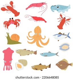 Seafoods. Hand drawn flat icons. Vector illustrations on white background.