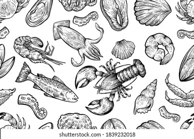 Seafoos seamless pattern. hand drawn vector