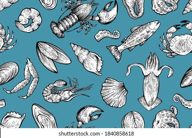 Seafoos seamless pattern. hand drawn vector
