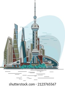 Vista abstracta de la ciudad frente al mar. Edificios de diseño lineal. Vector