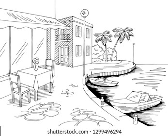 Seafront pier cafe graphic sea bay black white landscape sketch illustration vector