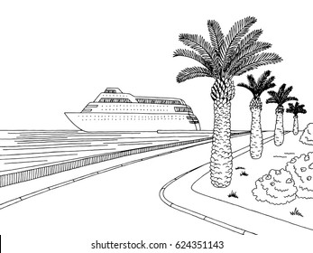 Seafront pier graphic cruise ship black white landscape sketch illustration vector