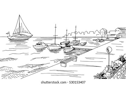 Seafront pier graphic yacht black white landscape sketch illustration vector