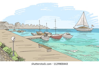 Seafront pier graphic yacht color seascape sketch illustration vector