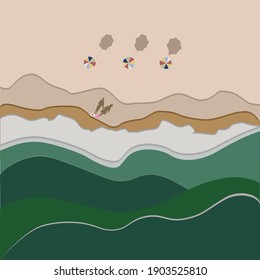 Seafront top view on long sand ocean beach with couple shadows. Couple hugging walking on the beach.Waves of blue water Mediterranean Sea or Ocean. Colorful vector illustration.