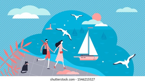 Seafront vector illustration. Flat tiny classical beach scene persons concept. Holiday outdoors activity with sea or ocean destination. Sunny summer ships and yachts environment as tourism cruise trip