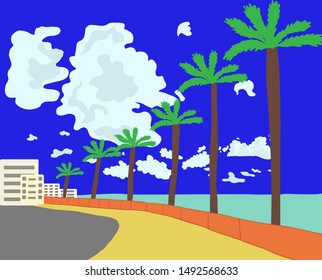 Seafront view on long embankment  with palms. beautiful seafront boulevard with palm trees and flat background, tropical, ocean vector illustration.