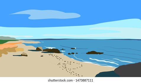 Seafront view on long sand beach with stones. Human steps on sand among the seafront. Waves of blue water Mediterranean Sea. Clouds on blue sky .Colorful vector illustration.