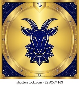 Letrero Zodiaco de Capricornio de Cabra de Mar, Meander Griego Dorado de Lujo Clásico, Signo Estelar, Telefonía de Fortuna de Astrología de Horóscopo y Predicción Futura, Ilustración de Diseño de Vector de Icono de Insignia de Elemento.