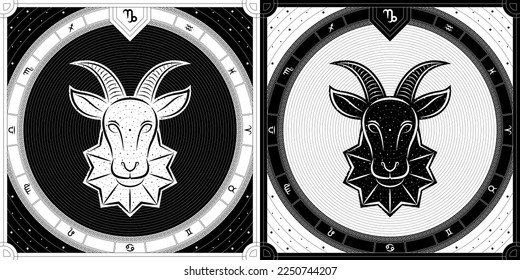 Sea-Goat Capricorn Zodiac Sign, Classic Greek Meander Black-White Silhouette, Stellar Star Sign, Horoscope Astrology Fortune-Telling and Future Prediction, Badge Icon Vector Design Illustration.