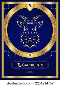 Sea-Goat Capricorn Zodiac Sign and Symbol, Classic Luxury Circular Golden Greek Meander Fortune Card, Stellar Star Sign, Horoscope Astrology Fortune-Telling and Future Prediction.