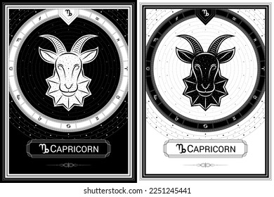 Sea-Goat Capricorn Zodiac Sign and Symbol, Classic Luxury Circular Black-White Silhouette Greek Meander Fortune Card, Stellar Star Sign, Horoscope Astrology Fortune-Telling and Future Prediction.