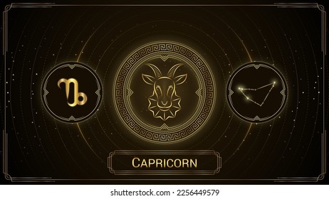 Signo de zodiaco de capricornio de cabra marina, símbolo, constelación estelar estelar, rueda de la lumbrera griega clásica, horóscopo y astrología, telonaje de fortuna, fondo estelar