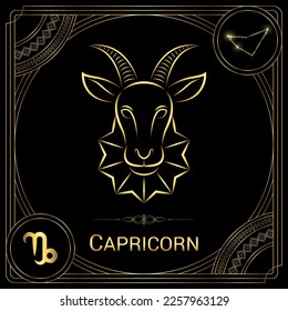 Sea-Goat Capricorn Zodiac Sign, Symbol, Stellar Star Constellation, Horoscope and Astrology, Fortune-Telling Square Badge Icon Vector Illustration