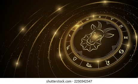Sea-Goat Capricorn Zodiac Symbol, Wheel of Twelve Sign, Star Trail, Glowing Ray of Star Light in Space, Horoscope and Astrology, Fortune-Telling, Stellar Backdrop Background Vector Illustration.