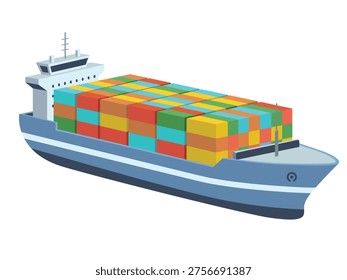 A seagoing ship loaded with containers of different colors, three-quarter view. Container ship. Flat vector illustration isolated on a white background