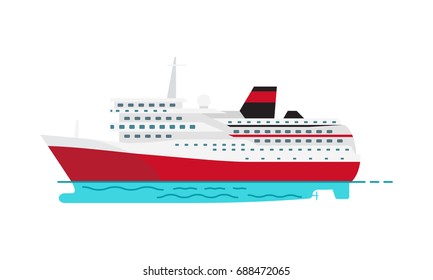 Seagoing ship vector illustration for travelling with passengers icon. Spacious luxury cruise liner big red steamer on water surface isolated on white