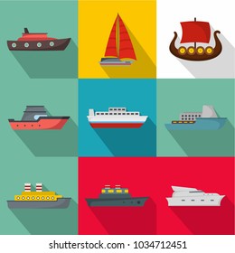 Seagoing vessel icons set. flat set of 9 seagoing vessel vector icons for web isolated on white background