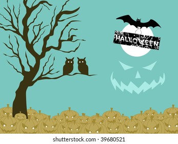 seagreen background with retro tree, collection of pumpkin