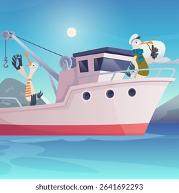 Seagul sailors. cartoon fun seaguls standing on fishing boat