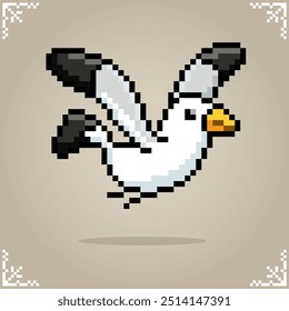 Gaivota em 8 bits pixel art para ativos de jogo e ponto de cruz padrão na ilustração vetorial.