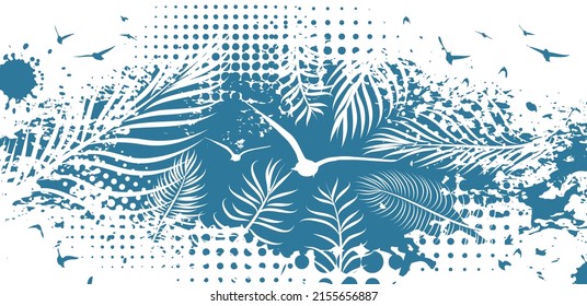 Seagull abstraction, palm leaves on a blue blot. Vector illustration