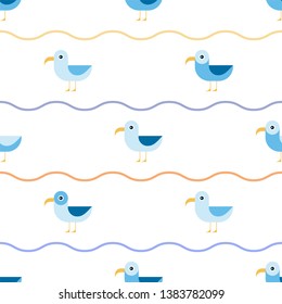 Seagull, albatross cute birds. Vector seamless pattern.