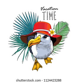 Seagull (Albatross) in a red summer hat on a exotic leaves background. Lettering quote - vacation time. Vector illustration. Poster, t-shirt composition, hand drawn style print.