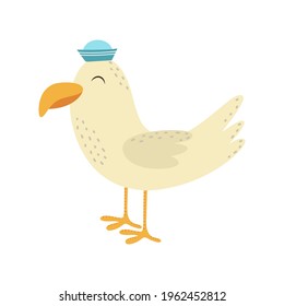 pájaro de gaviota, gran pico, colección de animales árticos, lindo personaje de bebé de dibujos animados, tarjeta con gaviota linda aislada en el fondo blanco, diseño plano, ilustración vectorial