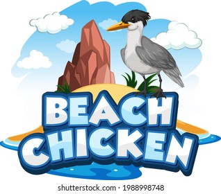Seagull bird cartoon character with Beach Chicken font banner isolated illustration