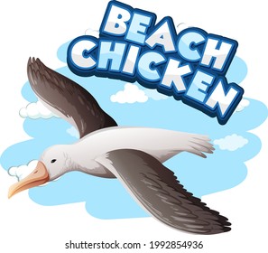 Seagull bird cartoon character with Beach Chicken font banner isolated illustration