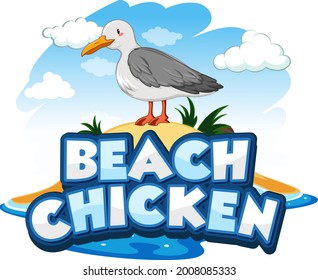 Seagull bird cartoon character with Beach Chicken font banner isolated illustration