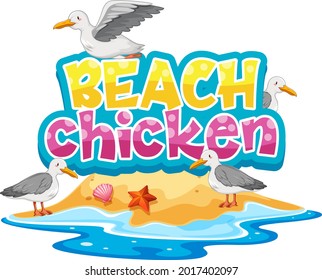 Seagull bird cartoon character with Beach Chicken font banner isolated illustration