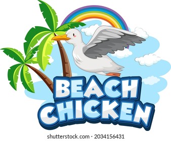 Seagull bird cartoon character with Beach Chicken font banner isolated illustration
