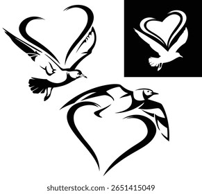 seagull bird flying with spread wings over stylized heart shaped copy space frame - black and white vector design set for seaside theme
