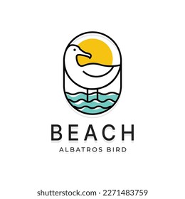 Logo de ave de gaviota en agua con líneas simples y minimalistas