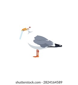Seagull Bird with Plastic Straw in its Beak Illustrating Ocean Pollution and Environmental Impact