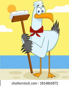 Seagull Bird Sailor Cartoon Character With Cleaning Brush. Vector Illustration With Landscape Background