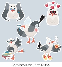 Seagull bird stickers set, vector image